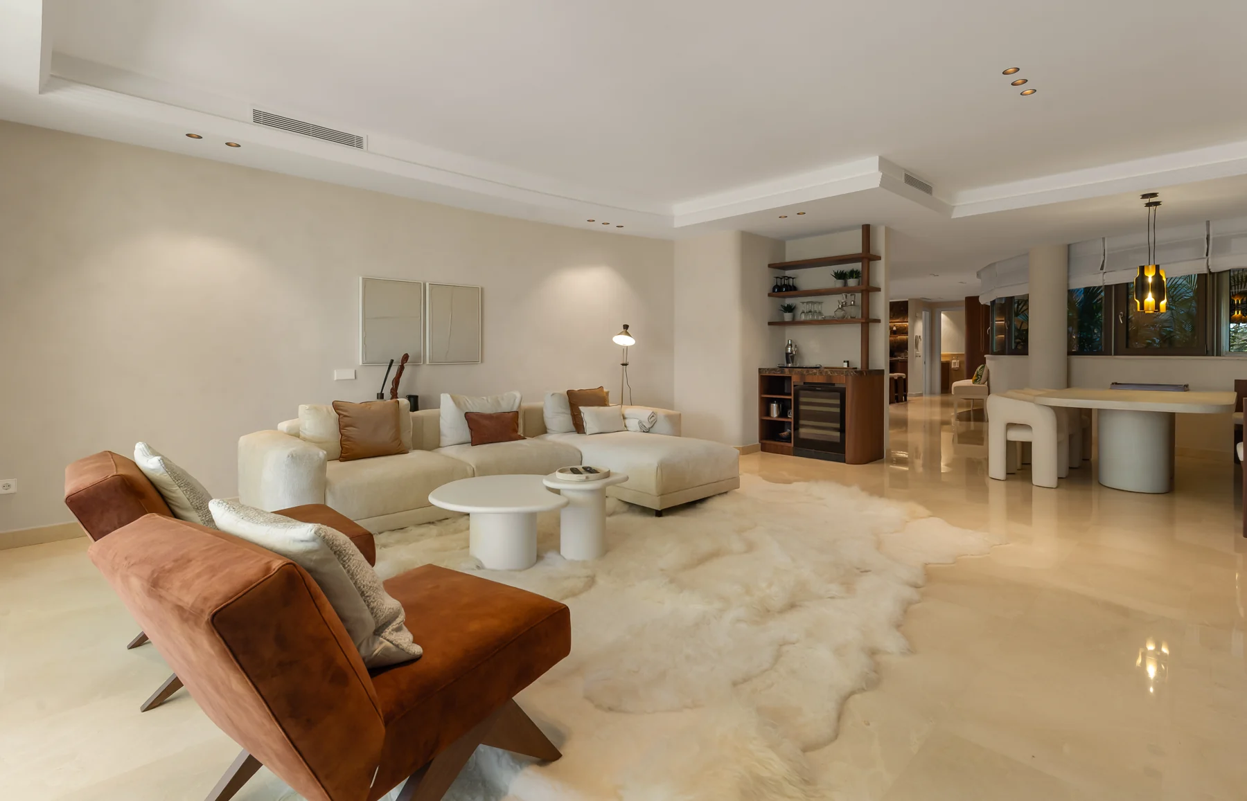 The apartment’s furnished living room